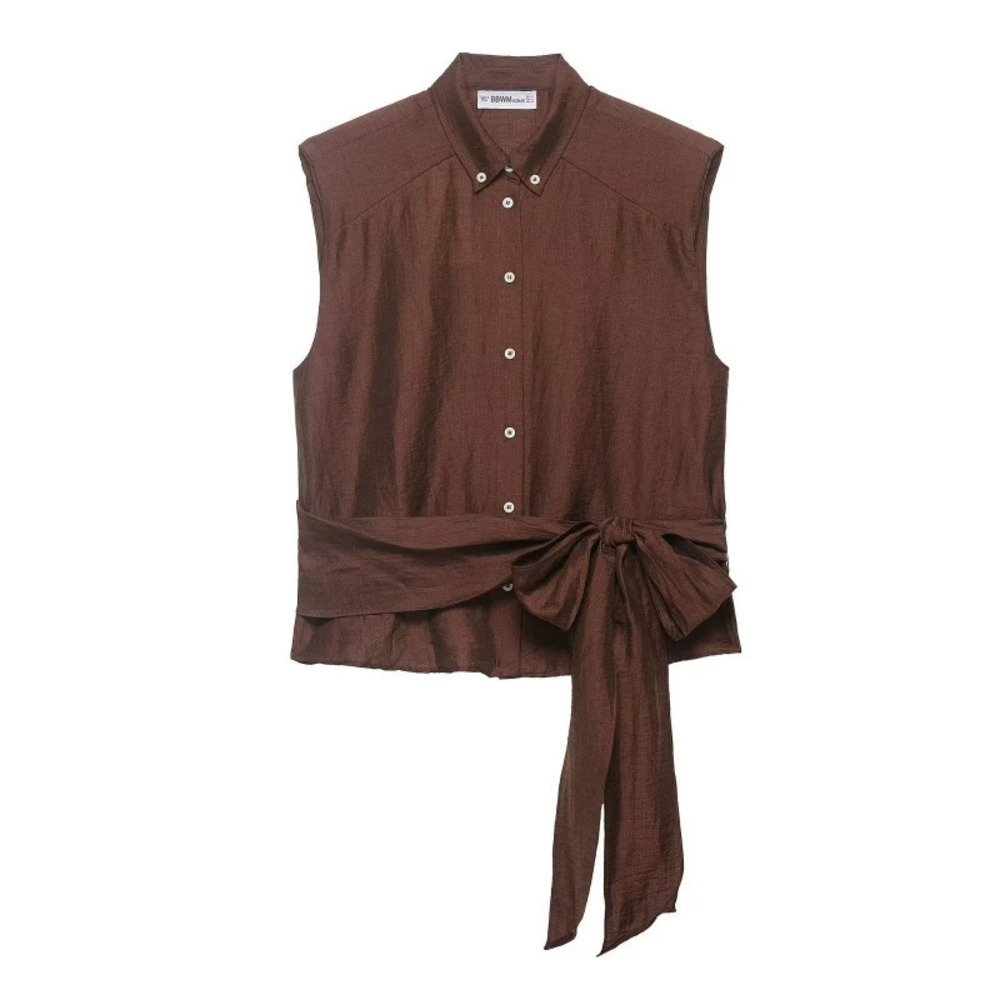 ZARA Casual Versatile Stand Collar Belted Padded Shoulder Top